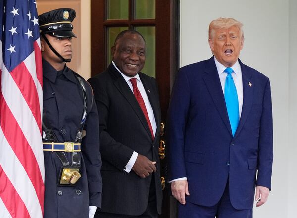 President Donald Trump greets South African President Cyril Ramaphosa at the White House, Wednesday, May 21, 2025, in Washington. (AP Photo/Julia Demaree Nikhinson)