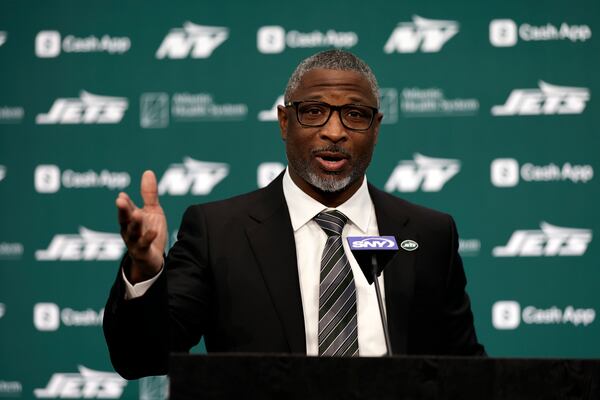 The New York Jets introduce new head coach Aaron Glenn during a press conference at the NFL football team's training facility on Monday, Jan. 27, 2025, in Florham Park, N.J. (AP Photo/Adam Hunger)