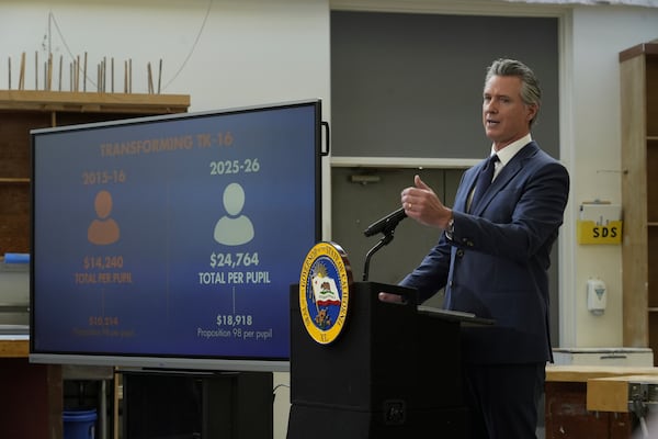 California Gov. Gavin Newsom outlines his proposed 2025-2026 $322 billion state budget during a news conference at California State University, Stanislaus in Turlock, Calif., Monday, Jan. 6, 2025. (AP Photo/Rich Pedroncelli)