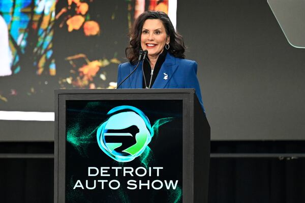 Michigan Gov. Gretchen Whitmer speaks at the Detroit Auto Show, Wednesday, Jan. 15, 2025, in Detroit. (AP Photo/Jose Juarez)