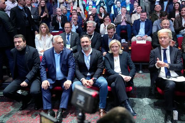 FILE - Spanish far-right VOX party leader Santiago Abascal, center, sits with European far-right politicians during Patriots for Europe summit in Madrid, Spain, Feb. 8, 2025. From left, Italy's vice Premier Matteo Salvini, Hungarian Prime Minister Viktor Orban, far-right VOX party leader Santiago Abascal, French far-right leader Marine Le Pen and Dutch far right wing politician Geert Wilders. (AP Photo/Paul White, file)