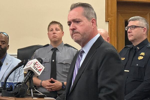 York County District Attorney Timothy Barker speaks at a news conference in York County offices Wednesday, April 30, 2025, in York, Pa. (AP Photo/Marc Levy)
