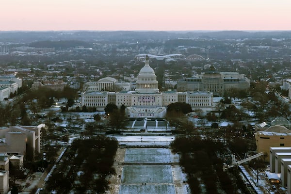 The U.S. Capitol is seen from the top of the Washington Monument at dawn on Inauguration Day, Monday, Jan.20, 2025 in Washington. (Brendan McDermid/Pool Photo via AP)