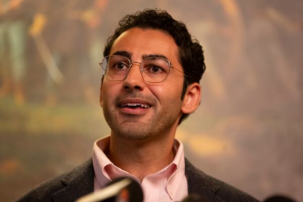 Mohsen Mahdawi speaks during a press conference announcing the launch of the Vermont Immigration Legal Defense Fund in the Cedar Creek Reception Room at the Vermont State House on Thursday, May 8, 2025, in Montpelier, Vt. (AP Photo/Alex Driehaus)