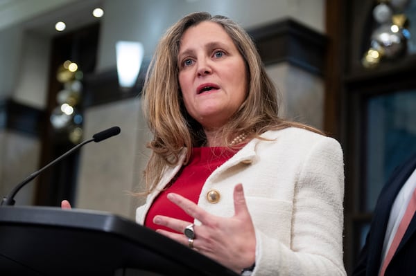 FILE - Minister of Finance and Deputy Prime Minister Chrystia Freeland delivers remarks on Parliament Hill in Ottawa, Ontario, Wednesday, Dec. 11, 2024. (Spencer Colby/The Canadian Press via AP, File)