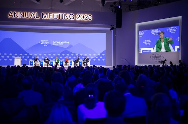 Kristalina Georgieva, Managing Director, International Monetary Fund (IMF), speaks during a session on the final day at the World Economic Forum in Davos,Switzerland, Friday, Jan. 24, 2025. (AP Photo/Markus Schreiber)