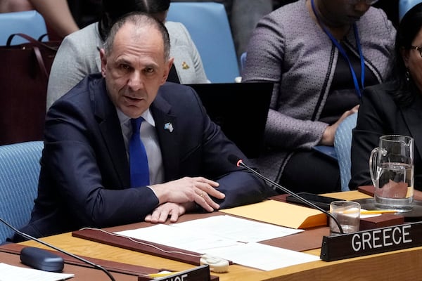 Greece Foreign Minister Georgios Gerapetritis addresses the UN Security Council, Monday, Feb. 24, 2025, at the United Nations headquarters. (AP Photo/Richard Drew)