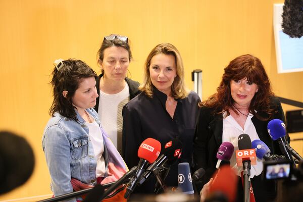 From left, a plaintiff's lawyer Claude Vincent, lawyer Catherine Le Magueresse, a plaintiff, a plaintiff's lawyer Carine Durrieu Diebolt speak with the media outside a Paris court, after a verdict was delivered on accusations that French actor Gerard Depardieu sexually assaulted two women who were working on a film with him in 2021, in Paris, Tuesday, May 13, 2025. (AP Photo/Thomas Padilla)
