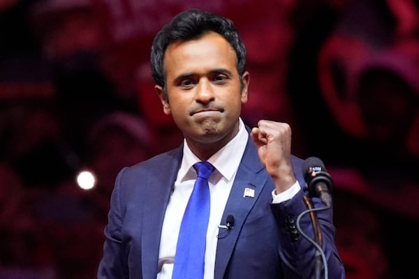 FILE - Vivek Ramaswamy speaks before Republican presidential nominee former President Donald Trump at a campaign rally at Madison Square Garden, Oct. 27, 2024, in New York. (AP Photo/Evan Vucci, File)