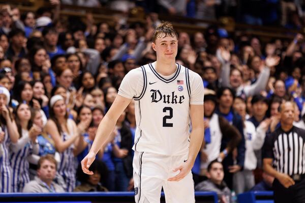 Duke's Cooper Flagg (2) smiles late in the second half of an NCAA college basketball game against Notre Dame, Saturday, Jan. 11, 2025, in Durham, N.C. (AP Photo/Ben McKeown)