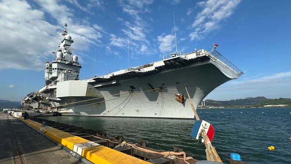 French aircraft carrier The Charles de Gaulle docks at Subic Bay port, a former U.S. Naval base northwest of Manila, Philippines, Sunday, Feb. 23, 2025. (AP Photo/Joeal Calupitan)