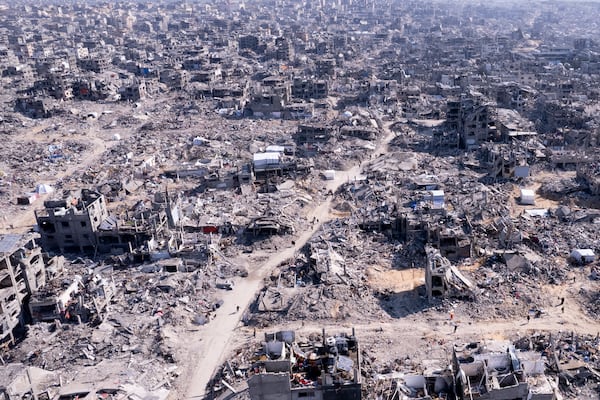 An aerial photograph taken by a drone shows the destruction caused by the Israeli air and ground offensive in Jabaliya, Gaza Strip, Wednesday, Jan. 29, 2025. (AP Photo/Mohammad Abu Samra)