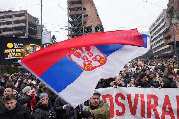 University students joined calls for a general strike after more than two months of protests over the collapse of a concrete canopy that killed 15 people more than two months ago, in Belgrade, Serbia, Friday, Jan. 24, 2025. (AP Photo/Darko Vojinovic)