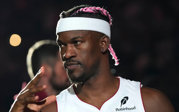 Miami Heat forward Jimmy Butler is introduced before an NBA basketball game against the New Orleans Pelicans Wednesday, Jan. 1, 2025, in Miami. (AP Photo/Lynne Sladky)