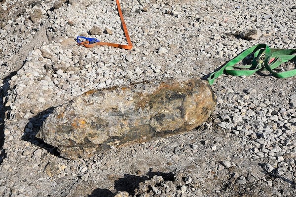 This photo provided by the Paris Police Prefecture shows a huge unexploded World War II-era bomb that caused transportation chaos in Paris, including the suspension of high-speed rail links with London and Brussels and the closure of a vital road artery in the French capital Friday, March 7, 2025 in Saint-Denis, outside Paris. (Prefecture de Police via AP)