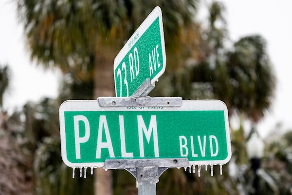 A street sign is covered in ice after a winter storm passed by Wednesday, Jan. 22, 2025, on Isle of Palms, S.C. (AP Photo/Mic Smith)