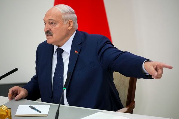 FILE - Belarusian President Alexander Lukashenko gestures while speaking to the media after voting in a presidential election in Minsk, Belarus, Sunday, Jan. 26, 2025. (AP Photo/Pavel Bednyakov, File)