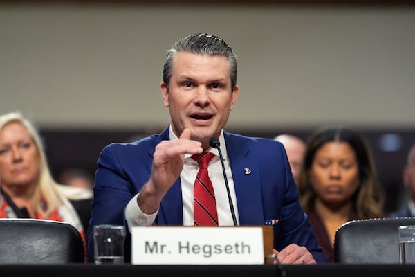 Pete Hegseth, President-elect Donald Trump's choice to be Defense secretary, appears before the Senate Armed Services Committee for his confirmation hearing, at the Capitol in Washington, Tuesday, Jan. 14, 2025. (AP Photo/Alex Brandon)