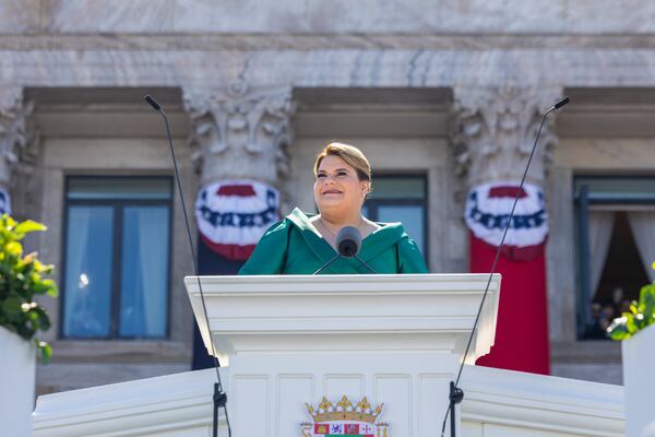 Jenniffer Gonzalez Colon speaks after she was sworn-in as governor outside the Capitol in San Juan, Puerto Rico, Thursday, Jan. 2, 2025. (AP Photo/Alejandro Granadillo)