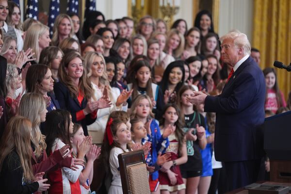 President Donald Trump speaks before signing an executive order barring transgender female athletes from competing in women's or girls' sporting events, in the East Room of the White House, Wednesday, Feb. 5, 2025, in Washington.(AP Photo/ Evan Vucci)