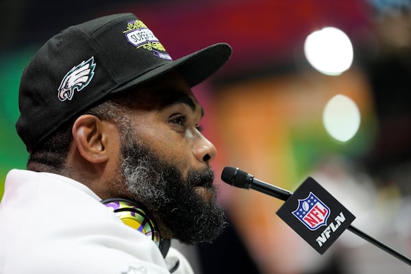 Philadelphia Eagles defensive end Brandon Graham (55) participates during Super Bowl 59 Opening Night, Monday, Feb. 3, 2025, in New Orleans, ahead of the NFL football game between the Philadelphia Eagles and the Kansas City Chiefs Sunday. (AP Photo/Matt York)