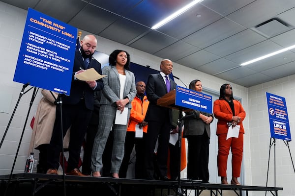 New York City Mayor Eric Adams speaks at an event at the NYPD's 40th precinct, Thursday, Feb. 20, 2025, in the Bronx borough of New York. (AP Photo/Julia Demaree Nikhinson)