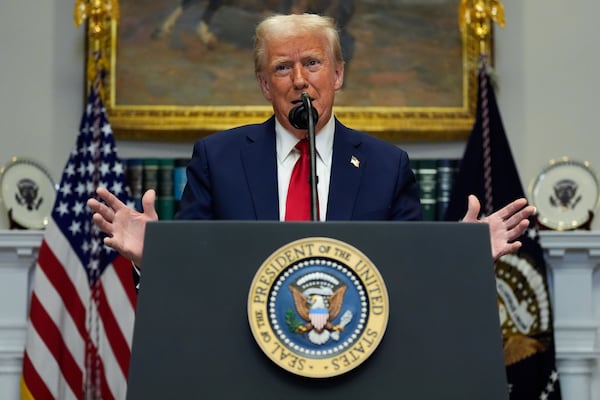 President Donald Trump speaks in the Roosevelt Room of the White House, Tuesday, Jan. 21, 2025, in Washington. (AP Photo/Julia Demaree Nikhinson)