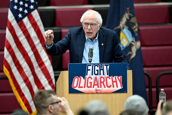 Sen. Bernie Sanders, I-Vt., speaks during a "Fighting Oligarchy: Where We Go From Here" event Saturday, March 8, 2025 at Lincoln High School in Warren, Mich. (AP Photo/Jose Juarez)