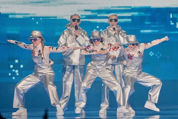 VAEB from Iceland performs the song "ROA" during the first semi-final of the 69th Eurovision Song Contest, in Basel, Switzerland, Tuesday, May 13, 2025. (AP Photo/Martin Meissner)