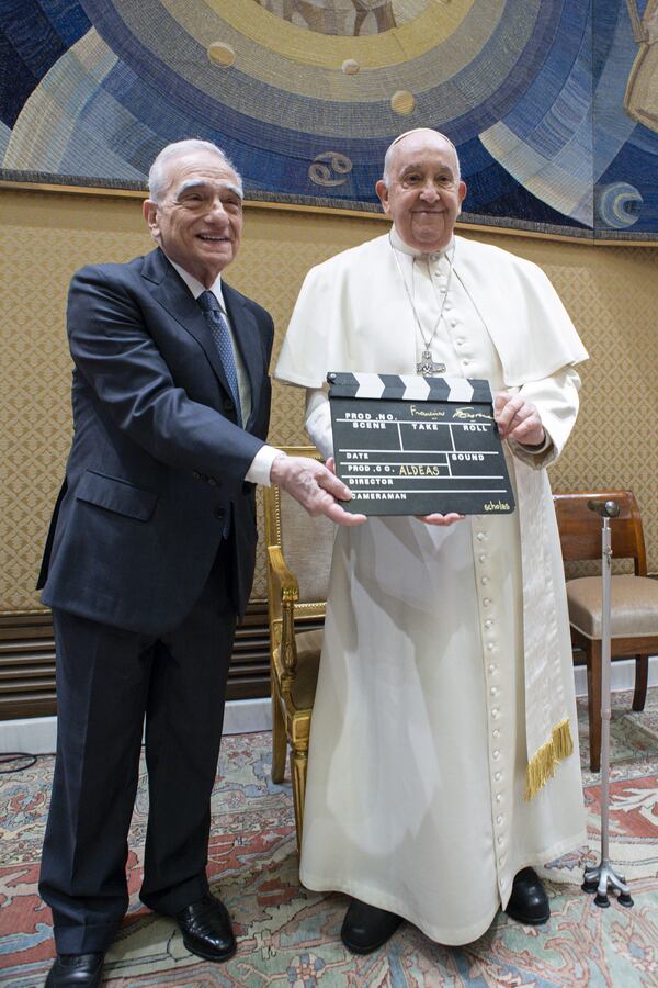 This image released by Vatican Media shows Martin Scorsese, left, and Pope Francis. "Aldeas–A New Story" is a new feature-length documentary and global cultural project developed by Scholas Occurrentes, the global educational movement founded by Pope Francis, in collaboration with Academy Award-winning director Martin Scorsese. (Vatican Media via AP)
