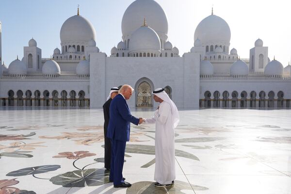 President Donald Trump and UAE President Mohammed bin Zayed Al Nahyan, left, tour the Sheikh Zayed Grand Mosque, Thursday, May 15, 2025, in Abu Dhabi, United Arab Emirates. (AP Photo/Alex Brandon)