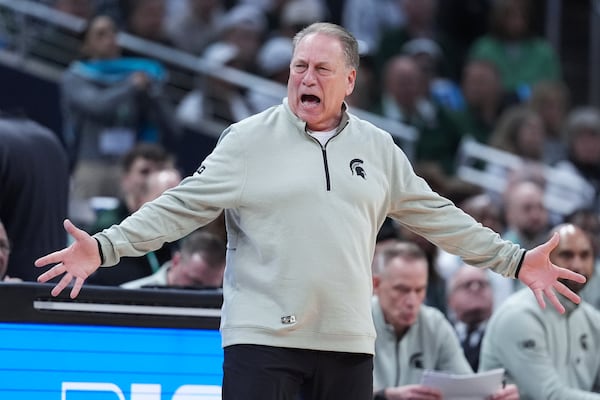 Michigan State head coach Tom Izzo argues a call against Wisconsin during the first half of an NCAA college basketball game in the semifinals of the Big Ten Conference tournament in Indianapolis, Saturday, March 15, 2025. (AP Photo/Michael Conroy)