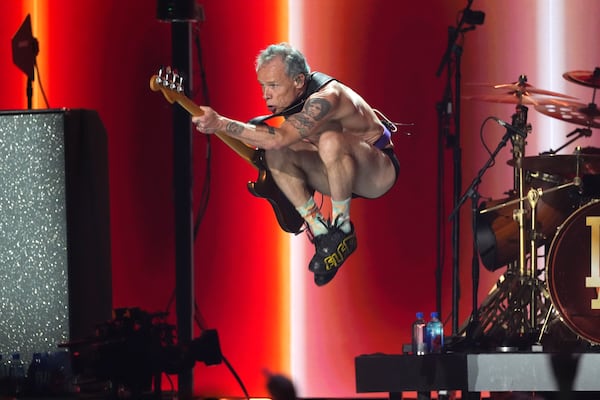 Flea of Red Hot Chili Peppers performs during the FireAid benefit concert on Thursday, Jan. 30, 2025, at The Forum in Inglewood, Calif. (AP Photo/Chris Pizzello)