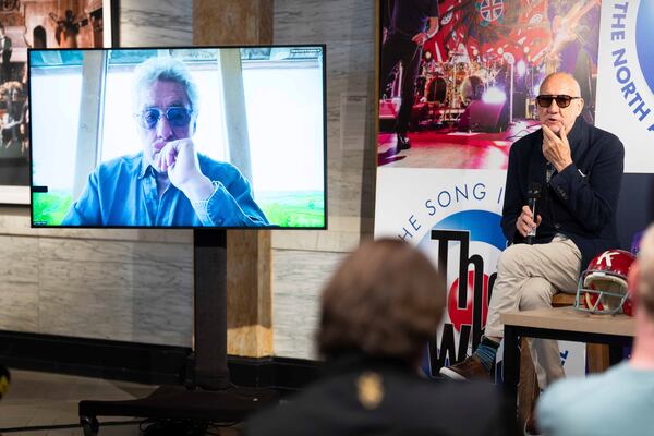 Roger Daltrey, left, and Pete Townshend during the announcement of 'The Who: The Song Is Over, The North American Farewell Tour' on Thursday, May 9, 2025, in London. (Photo by Scott A Garfitt/Invision/AP)
