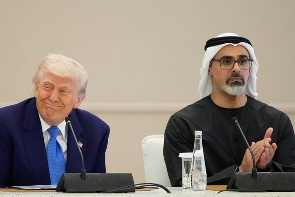 President Donald Trump and UAE President Mohammed bin Zayed Al Nahyan participate in a business roundtable at Qasr Al Watan, Friday, May 16, 2025, in Abu Dhabi, United Arab Emirates. (AP Photo/Alex Brandon)