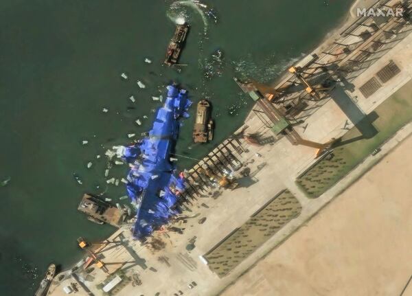 This satellite image provided by Maxar Technologies shows North Korea's new naval destroyer on May 24, 2025, in Chongjin, North Korea. (Maxar Technologies via AP)