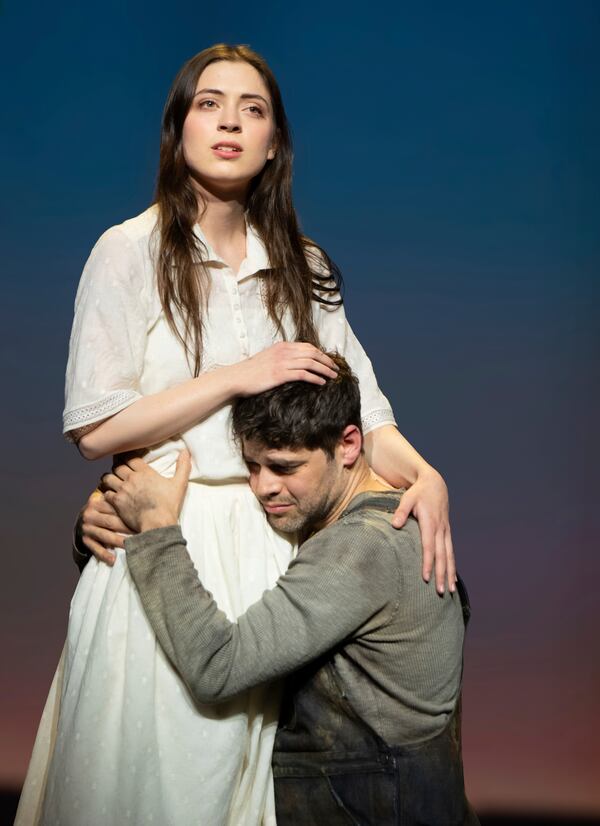 Lizzy McAlpine, left, and Jeremy Jordan appear during a performance of Adam Guettel's Broadway musical, “Floyd Collins” in New York. (Joan Marcus via AP)