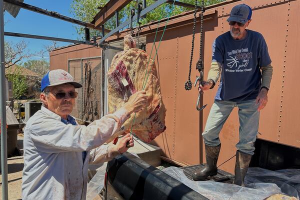 Cousins Arlin Rogers, right, and Ross Rogers unload slabs of beef outside their shop while talking about the jobs once provided by the coal-fired Cholla Power Plant, Wednesday, April 23, 2025, in Joseph City, Ariz. (AP Photo/Susan Montoya Bryan)