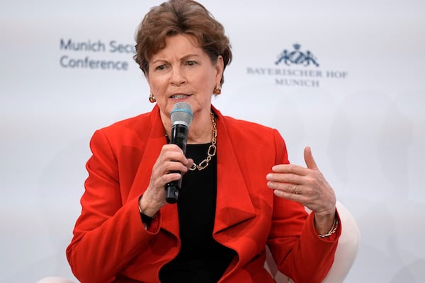 U.S. Senator Jeanne Shaheen speaks as she participates in a panel discussion during the Munich Security Conference at the Bayerischer Hof Hotel in Munich, Germany, Saturday, Feb. 15, 2025. (AP Photo/Matthias Schrader)