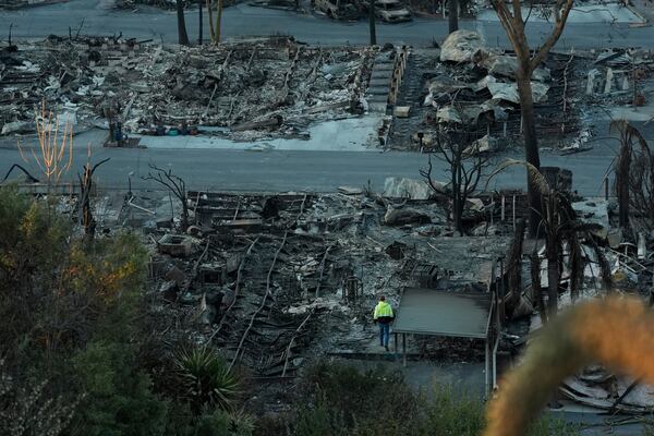 Homes at the Pacific Palisades Bowl Mobile Estates destroyed by the Palisades Fire are seen in the Pacific Palisades neighborhood of Los Angeles, Thursday, Jan. 16, 2025. (AP Photo/Damian Dovarganes)