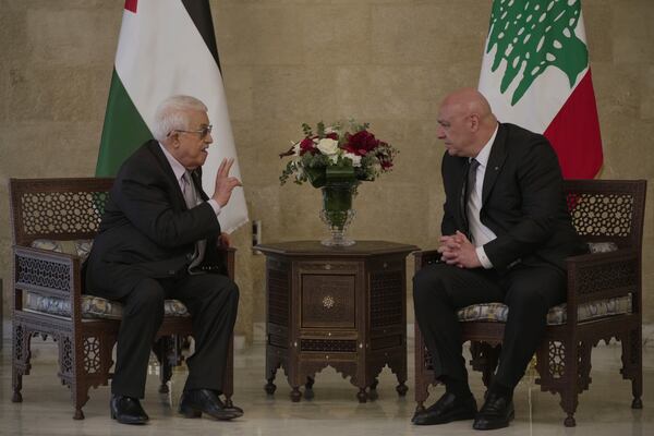 Lebanese President Joseph Aoun, right, meets with Palestinian President Mahmoud Abbas, at the Presidential Palace, in Baabda, east of Beirut, Lebanon, Wednesday, May 21, 2025. (AP Photo/Hassan Ammar)