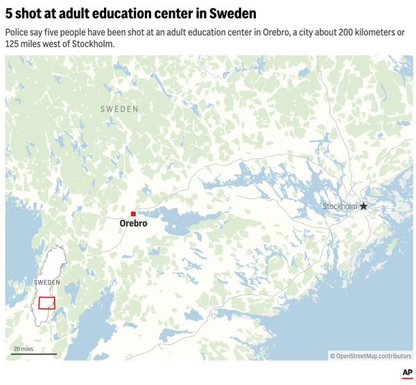 The map above shows Orebro, Sweden, site of shooting at an adult education home. (AP Digital Embed)