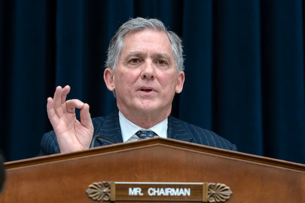 Rep. French Hill, R-Ark., Chairman of the House Financial Services Committee, speaks during a hearing on the Semi-Annual Monetary Policy Report, on Capitol Hill in Washington, Wednesday, Feb. 12, 2025. (AP Photo/Jose Luis Magana)