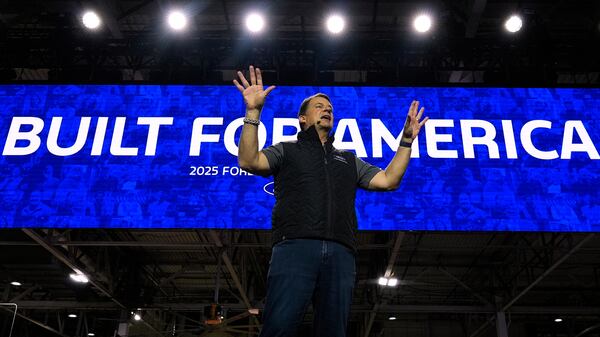 Jim Farley, President and Chief Executive Officer of Ford, speaks at the Ford Motor Company Kentucky Truck Plant to launch the 2025 Ford Expedition, Wednesday, April 30, 2025, in Louisville, Ky. (AP Photo/Carolyn Kaster)