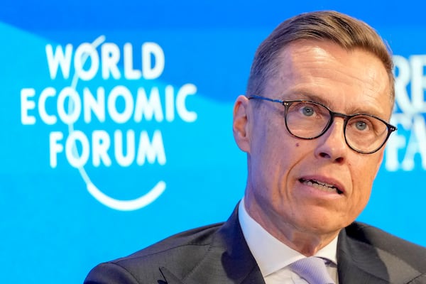 Finnish President Alexander Stubb speaks at the Annual Meeting of World Economic Forum in Davos, Switzerland, Wednesday Jan. 22, 2025. (AP Photo/Markus Schreiber)