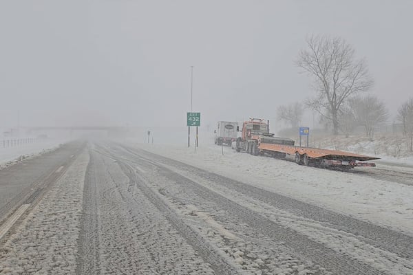 This image provided by Nebraska State Patrol shows vehicles stopped on the highway during blizzard near Gretna, Neb., on Wednesday, March 19, 2025. (Nebraska State Patrol via AP)