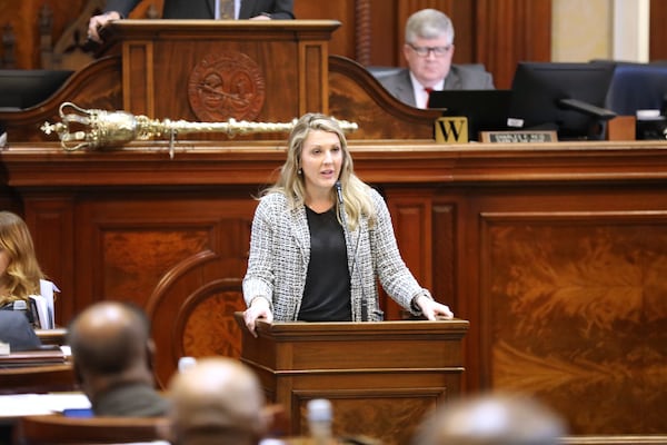 South Carolina Rep. April Cromer, R-Anderson, speaks during the House budget debate on Tuesday, March 11, 2025, in Columbia, S.C. (AP Photo/Jeffrey Collins)