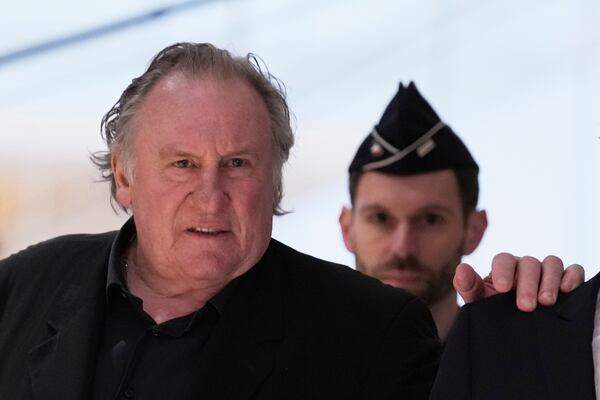 FILE - Actor Gerard Depardieu arrives to face trial for the alleged sexual assaults of two women on a film set in 2021, on March 24, 2025 in Paris. (AP Photo/Aurelien Morissard, File)