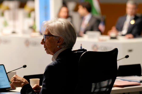 President of European Central Bank Christine Lagarde attends the G20 Finance Ministers and Central Bank Governors meeting in Cape Town, South Africa, Wednesday, Feb. 26, 2025. (AP Photo/Nardus Engelbrecht)