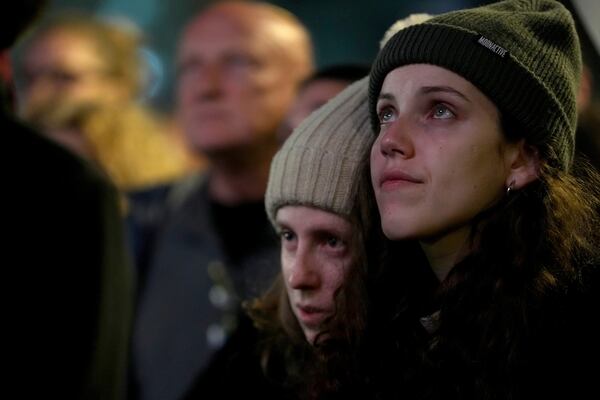 Relatives and friends of people killed and abducted by Hamas and taken into Gaza, gather calling for their released in Tel Aviv, Israel on Saturday, Jan. 18, 2025. (AP Photo/Maya Alleruzzo)